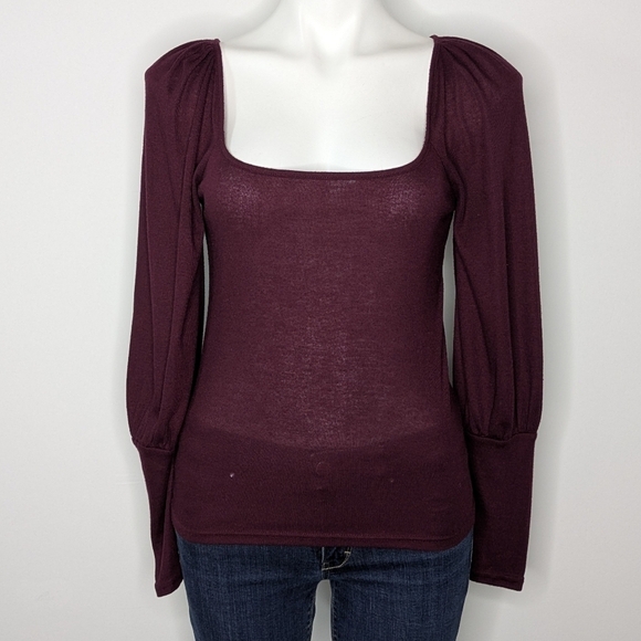 Intimately Free People purple maroon square drop neck long sleeve sheer top M - Picture 1 of 8